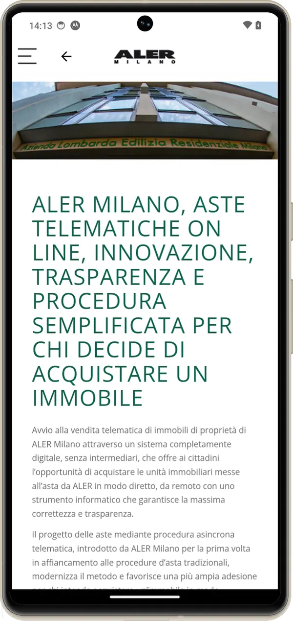 Dettaglio di un avviso di Aler Milano sulle aste telematiche, aperto dalla sezione Mondo Aler