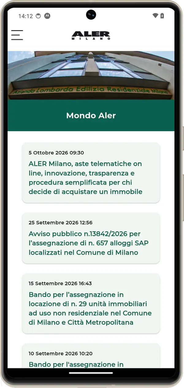 Home dell'app Aler Milano con la sezione Mondo Aler e l'elenco degli avvisi