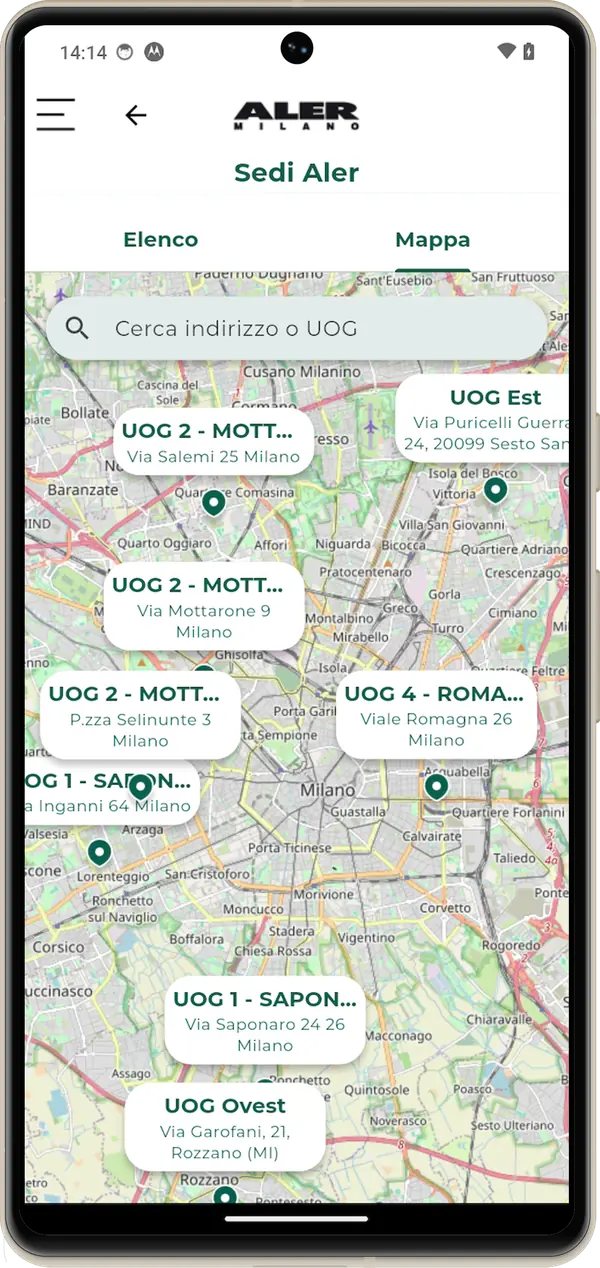 Mappa delle sedi Aler Milano con ricerca per indirizzo o UOG