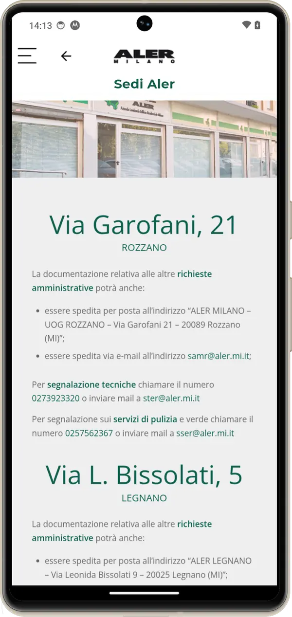 Scheda della sede Aler di via Garofani a Rozzano, con indirizzo e recapiti