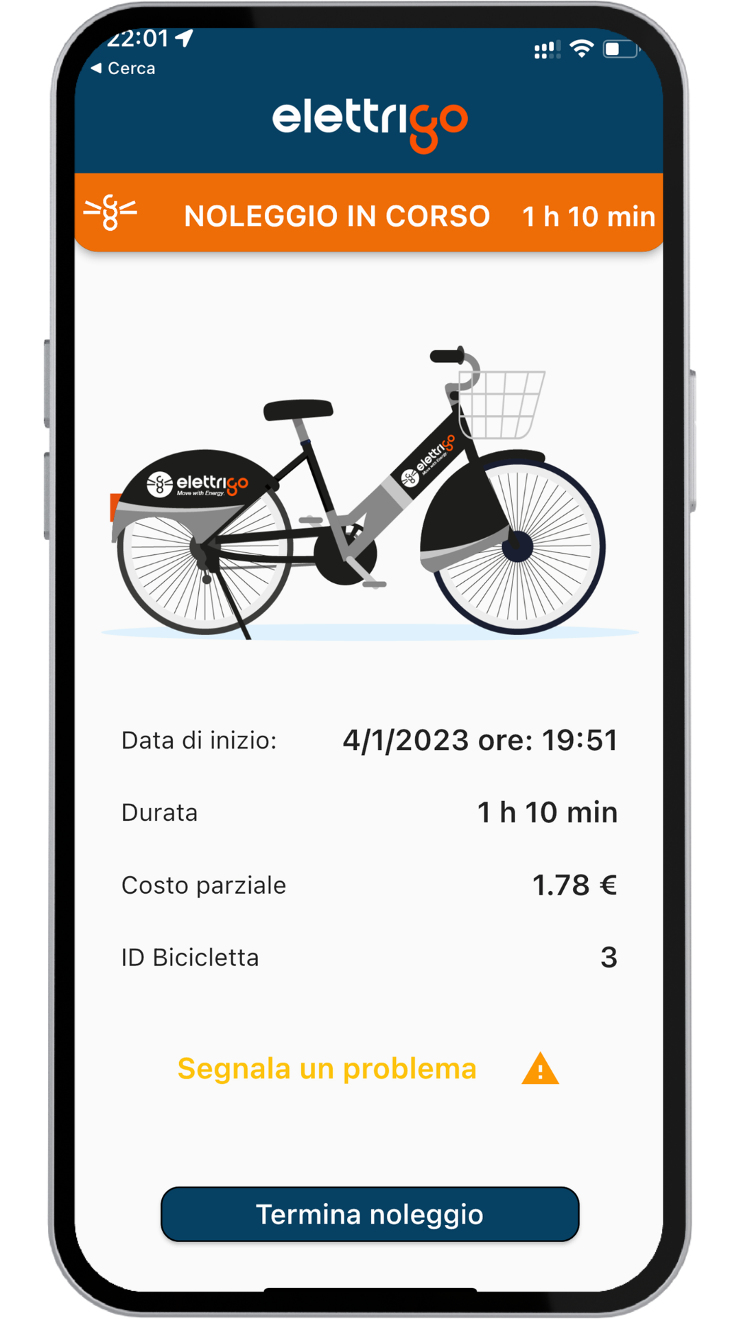 Noleggio Elettrigo in corso da 1 ora e 10 minuti, costo parziale 1,78 euro, bici numero 3