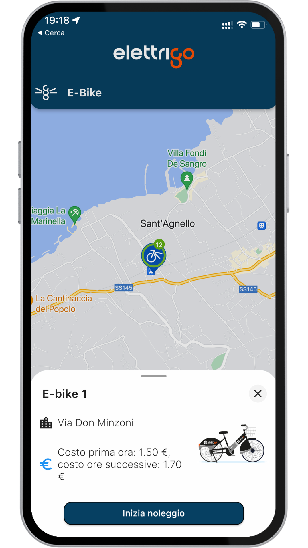 Mappa di Elettrigo a Sant'Agnello con una stazione da 12 bici e il pulsante Inizia noleggio