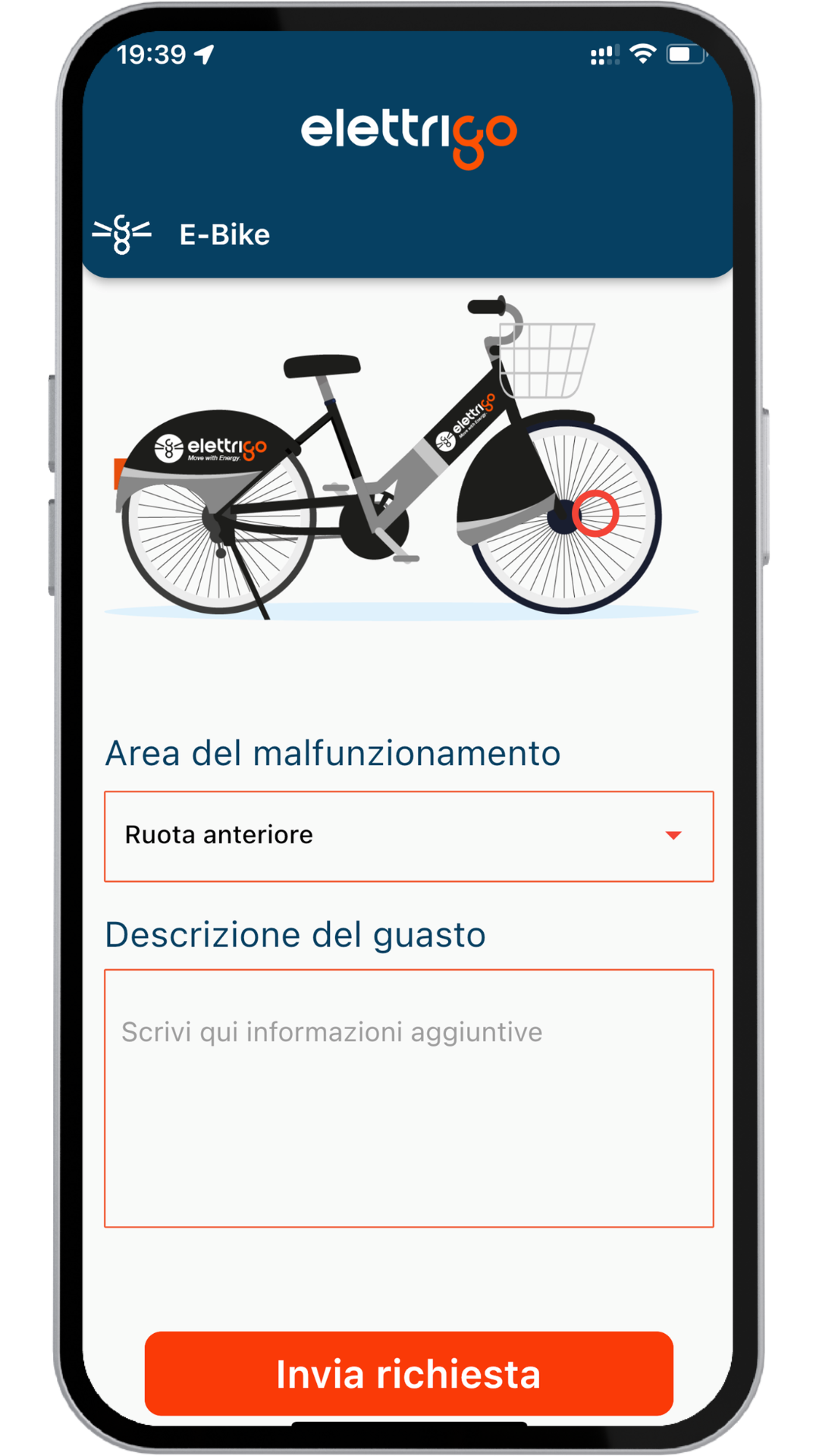 Segnalazione guasto Elettrigo con la ruota anteriore evidenziata sulla sagoma della bici