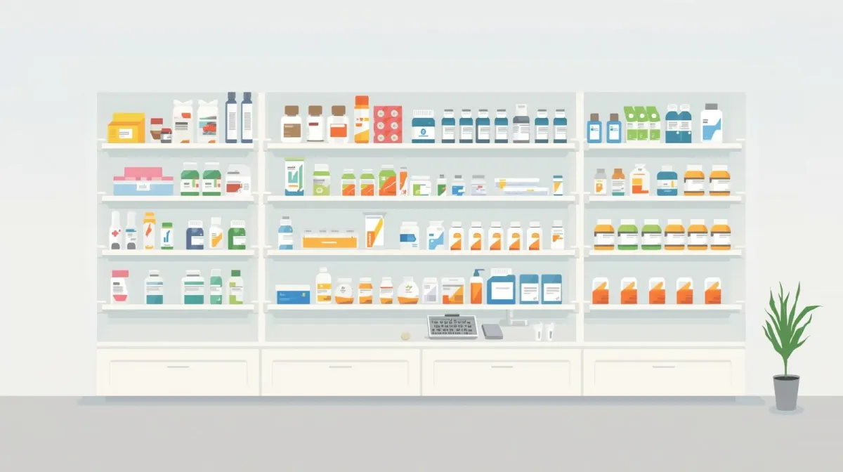 Illustrazione di uno scaffale di farmacia con confezioni e un banco