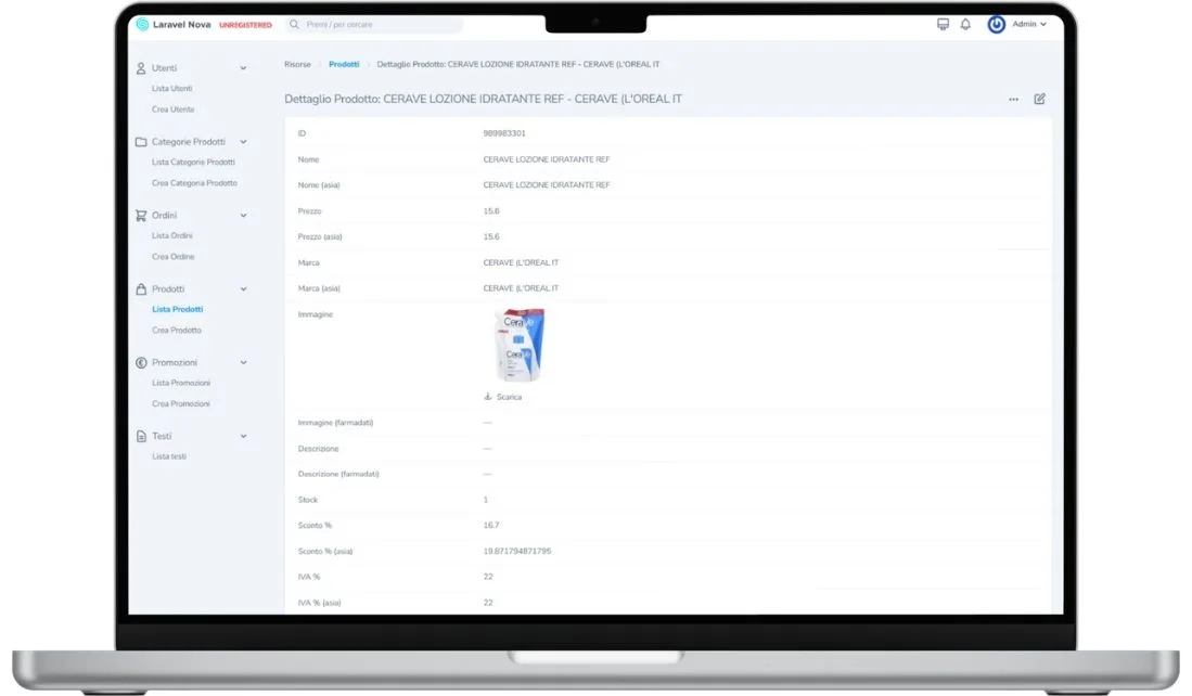 Dettaglio prodotto in dashboard, con prezzo, marca e IVA affiancati ai rispettivi valori originali del gestionale Asia, più l'immagine caricata