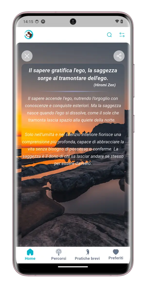 Schermata Frase del giorno in Hiromi Zen con citazione e testo di approfondimento