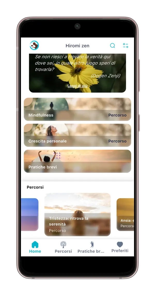 Home dell'app Hiromi Zen con i percorsi su ansia, stress e tristezza e la frase del giorno