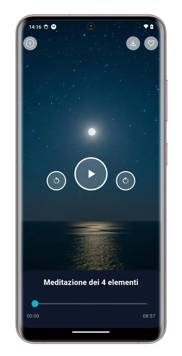 Player audio di una meditazione in Hiromi Zen con controlli di riproduzione