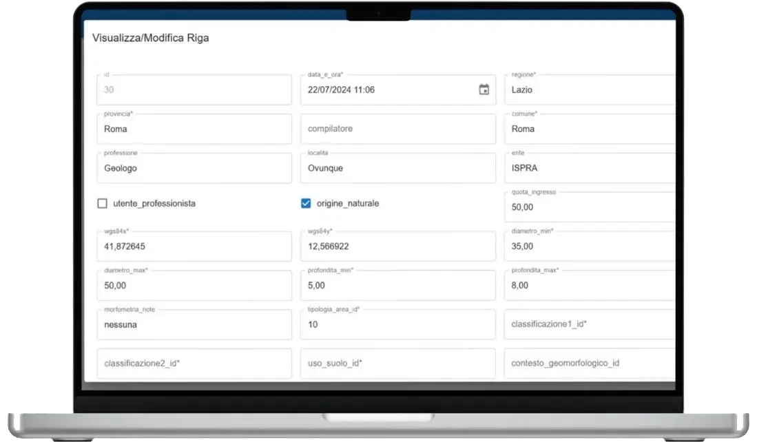 Backoffice, scheda Visualizza/Modifica riga: data, provincia, coordinate WGS84, diametri, profondità e classificazione