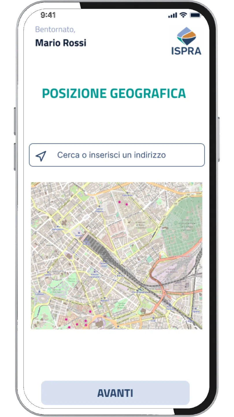 PWA ISPRA, schermata Posizione geografica con campo indirizzo e mappa