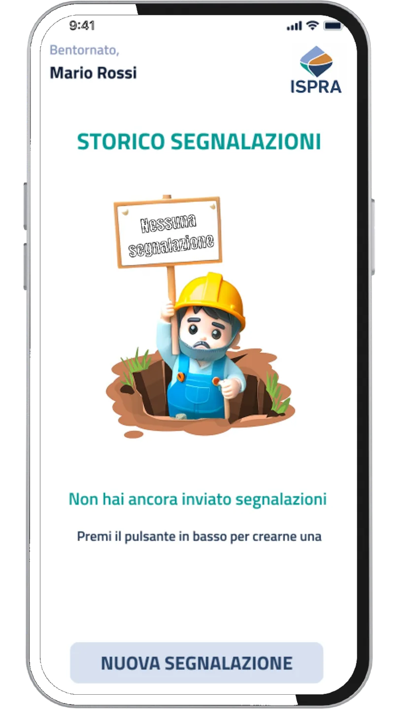 PWA ISPRA, storico segnalazioni: stato vuoto con invito a creare una nuova segnalazione