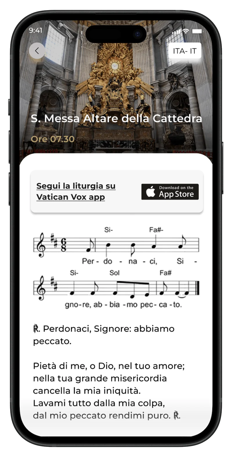 Scheda di una celebrazione con spartito, testo liturgico e link a Vatican Vox