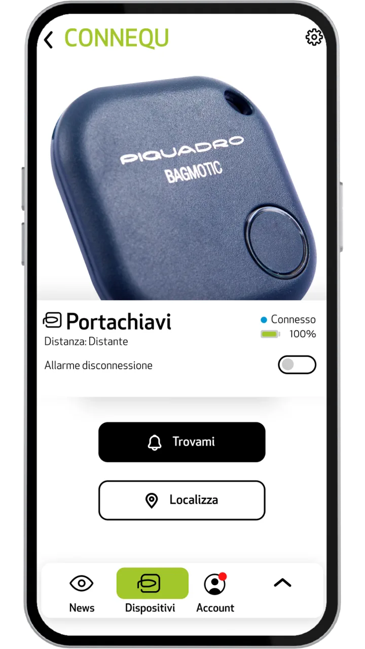 Scheda di un portachiavi Piquadro Bagmotic connesso, con batteria, allarme di disconnessione e pulsanti Trovami e Localizza