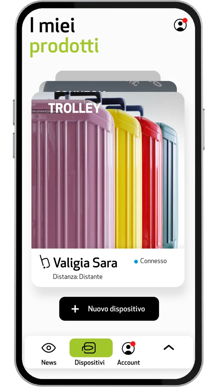 Schermata I miei prodotti dell'app Piquadro con un trolley connesso via Bluetooth