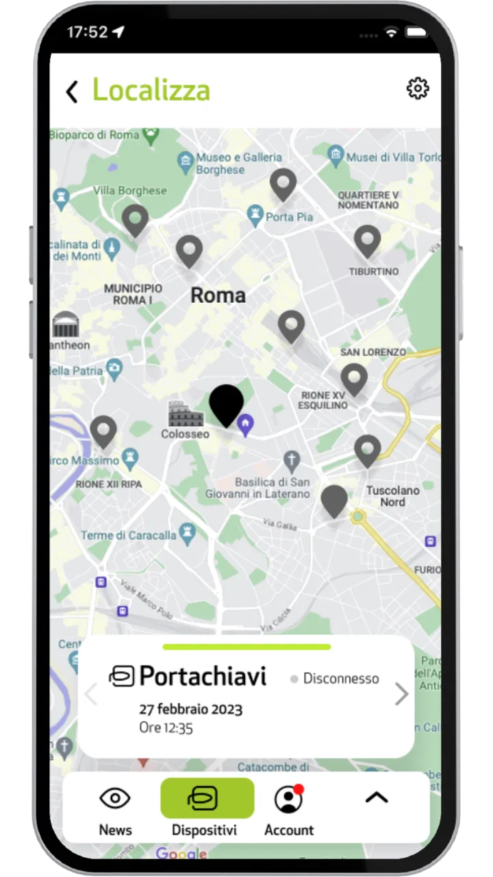 Mappa della sezione Localizza con un portachiavi disconnesso e la data e l'ora dell'ultimo rilevamento