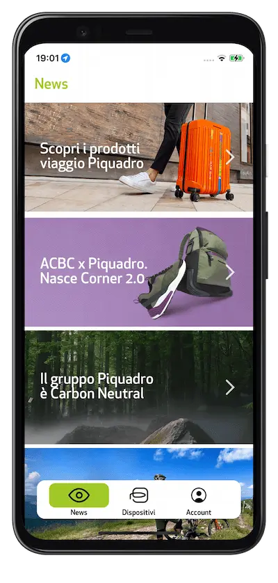 Sezione News dell'app Piquadro con le novità e le comunicazioni del brand