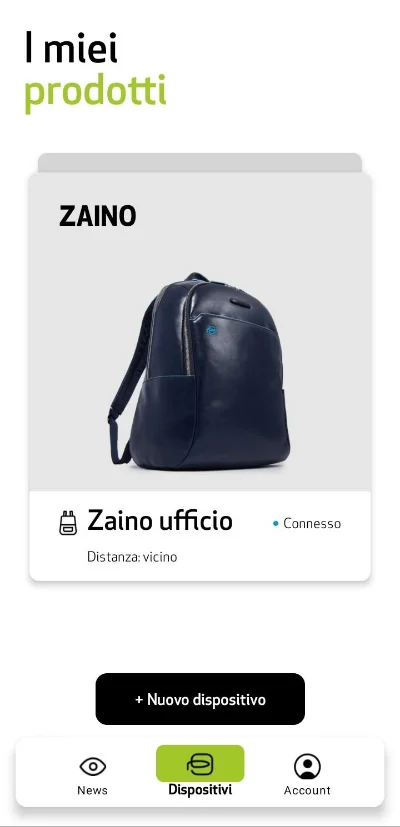 Schermata I miei prodotti con uno zaino Piquadro connesso all'app