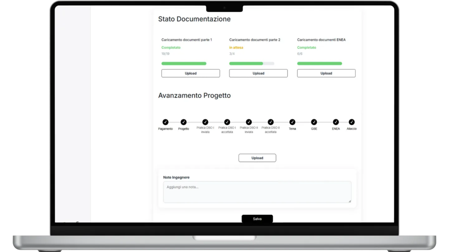 Sezione Stato documentazione e barra di avanzamento progetto di Plannis, con i passaggi Pagamento, Progetto, DSO, Terna, GSE, ENEA e Allaccio