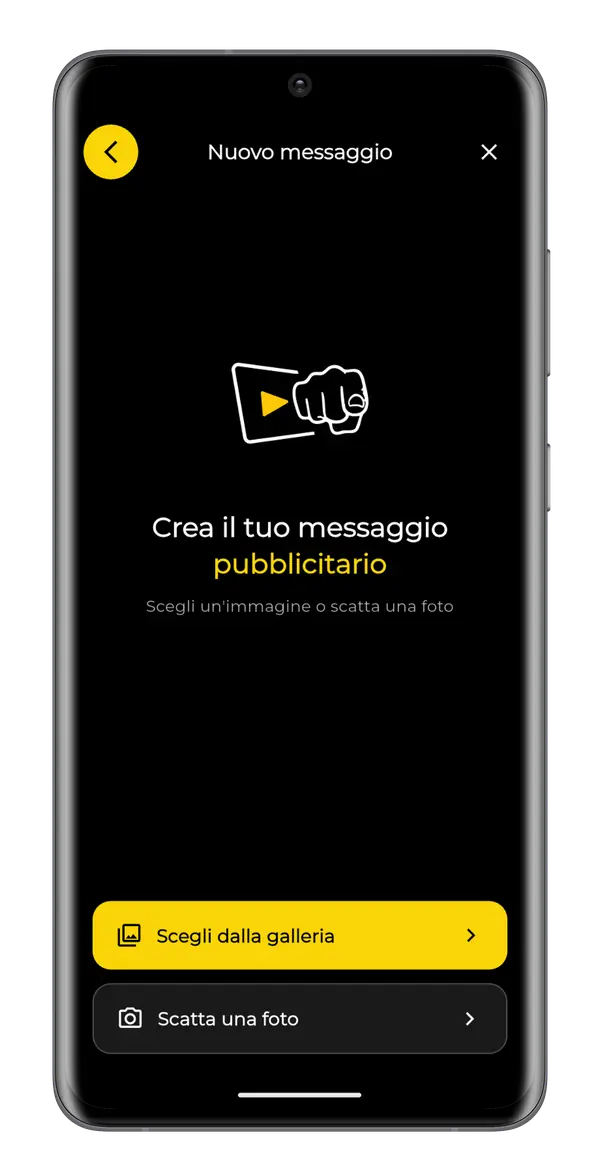 Schermata Pubbli Link per creare un nuovo messaggio pubblicitario da galleria o fotocamera