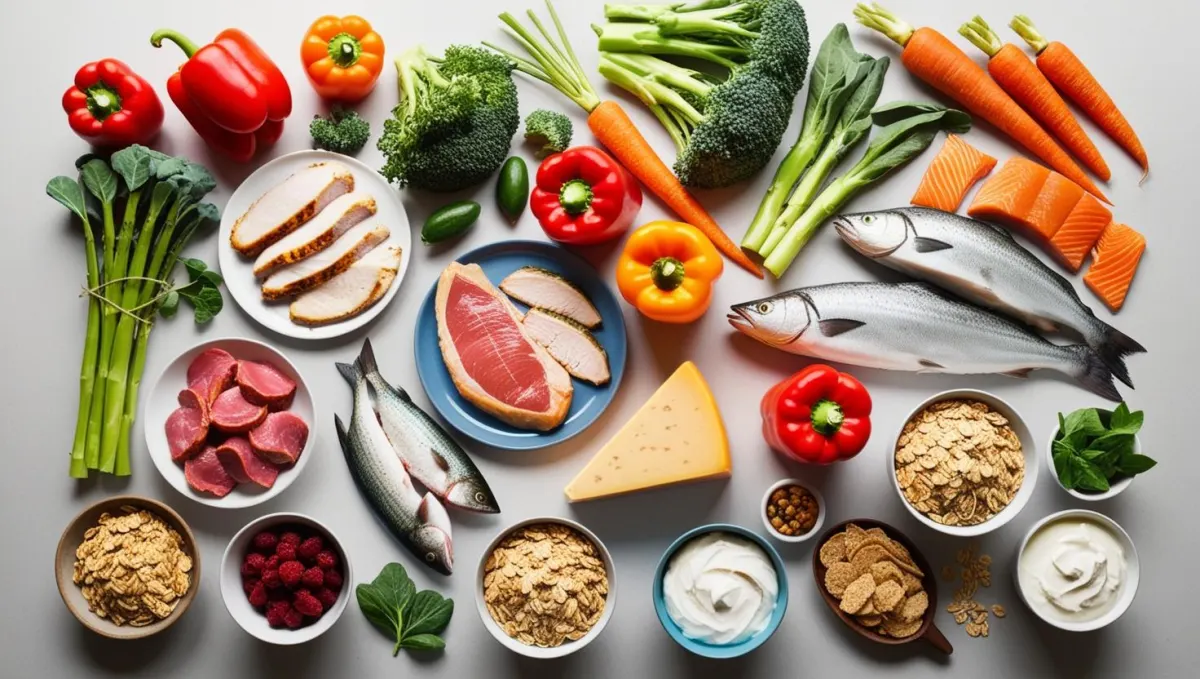 Alimenti freschi disposti su un tavolo: verdure, pesce, carne, cereali e latticini