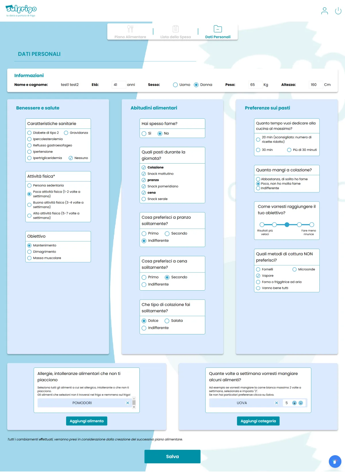 Sezione Dati personali della web app Sulfrigo con le domande su benessere e salute, abitudini alimentari e preferenze sui pasti