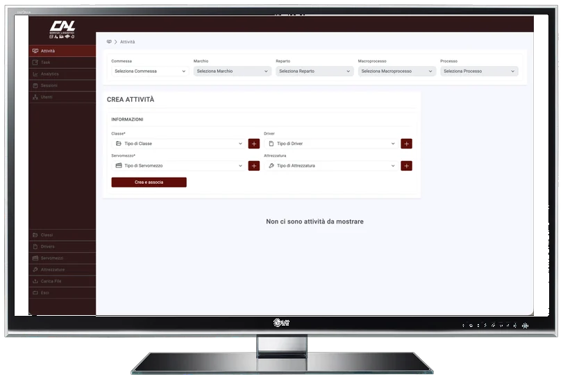 Dashboard Tempi Metodi, pagina Attività: filtri di processo e form Crea attività con classe, driver, servomezzo e attrezzatura