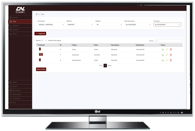 Dashboard Tempi Metodi, pagina Task: elenco con posizione, classe, driver, servomezzo, attrezzatura e azioni