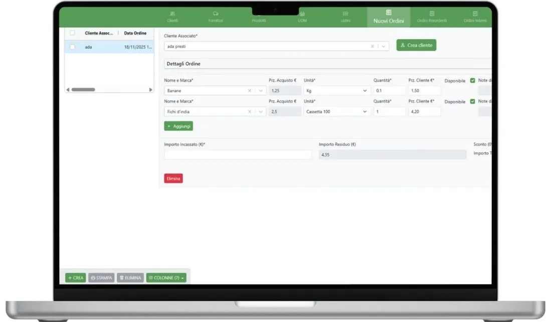 Scheda nuovo ordine in dashboard, con cliente, righe prodotto, prezzi di acquisto e di vendita, quantità e importo residuo