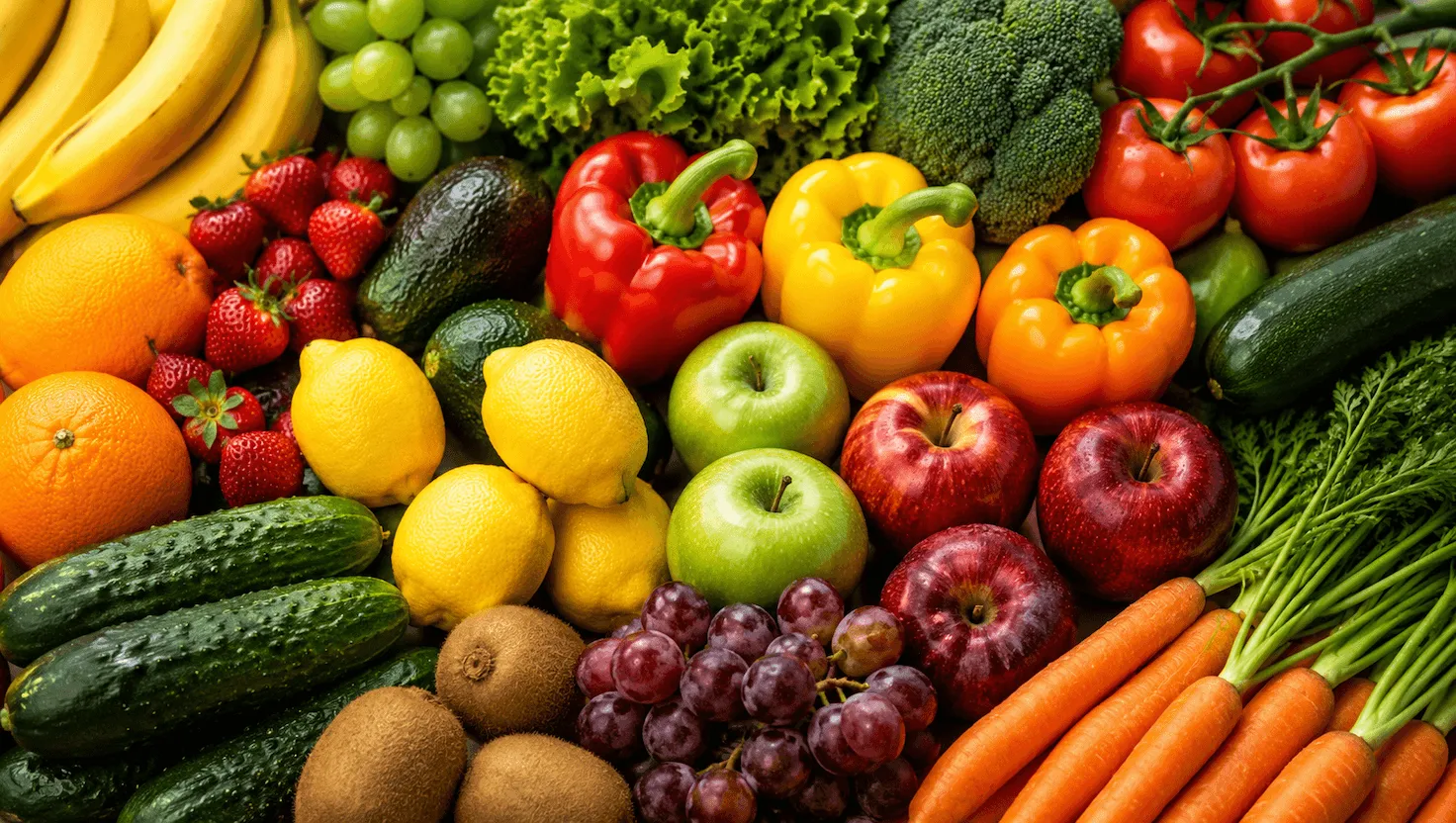 Cassetta di frutta e verdura: agrumi, mele, peperoni, cetrioli e carote
