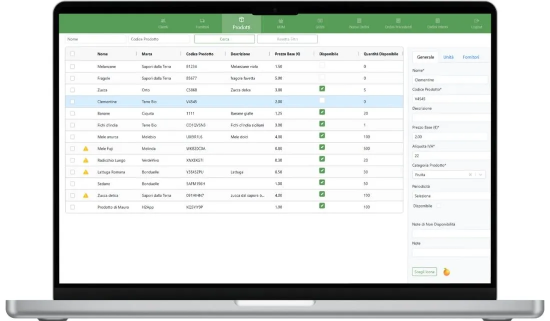 Elenco prodotti in dashboard, con prezzo, disponibilità, quantità e scheda di dettaglio con categoria e periodicità