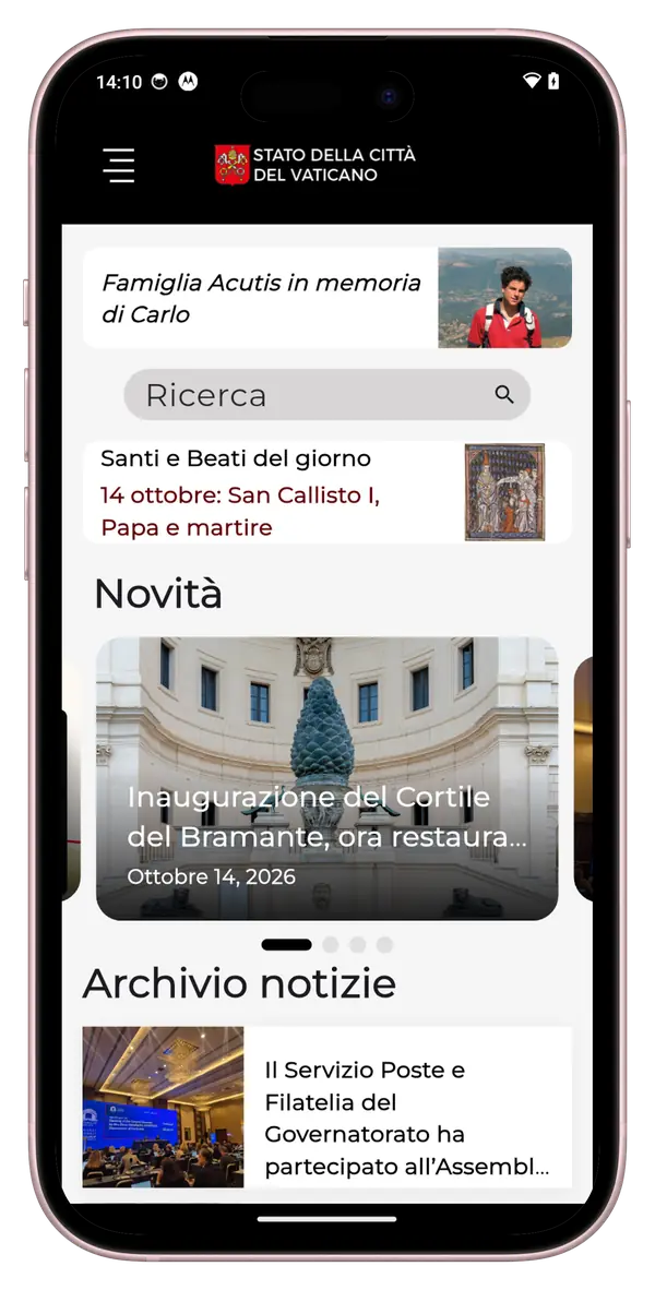 Home dell'app Vatican State con le ultime notizie e le sezioni del portale